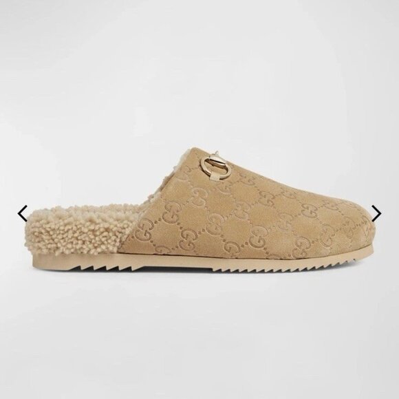 Horsebit Gucci GG Suede Shearling Mules Beige Size 38 - Picture 1 of 4